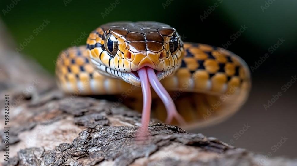 Poster Close-up of a yellow and brown snake with a forked tongue, coiled on a tree branch against a blurred green background. The snake's scales and texture are clearly visible