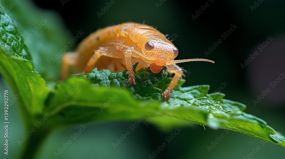 Poster close-up of a small, orange insect with dark spots on a vibrant green leaf. the insect's detailed te