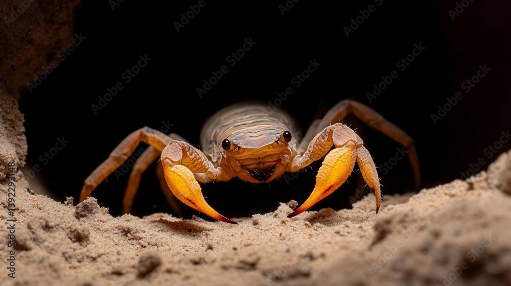 Aufkleber close-up view of a tan and yellow scorpion emerging from a sandy burrow, illuminated against a dark 