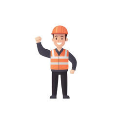 A cheerful construction worker in an orange safety vest and hard hat, standing confidently with a raised fist in a victory pose, on a white isolated background.
