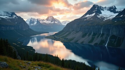 Fototapeta premium Detailed photo of a Norwegian landscape at dawn with cloudy weather, shot from a view from above.