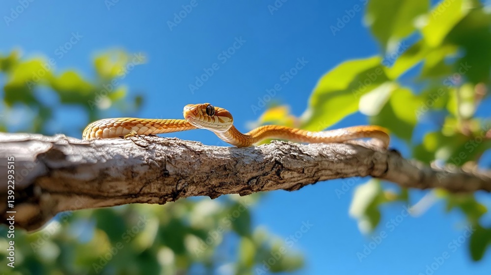 Aufkleber close-up of a small, light brown snake on a tree branch against a vibrant blue sky. the snake's scal