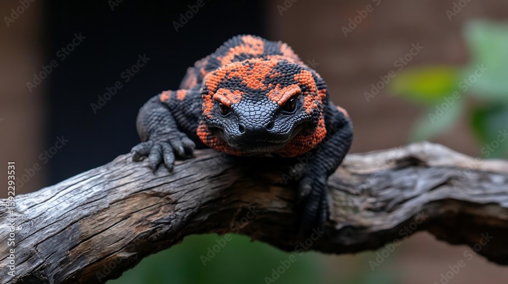Poster Close-up of a black and orange lizard perched on a gray branch. The lizard has textured skin and sharp claws. The background is blurred but shows hints of green foliage