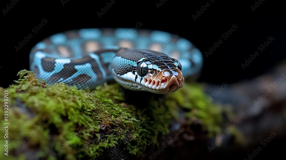 Poster close-up of a blue and grey snake on a mossy branch against a black background. the snake's mouth is