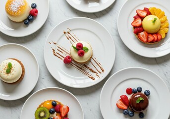 Dessert Plates with Fruit Garnishes: Modern Pastry Studio Flat Lay
