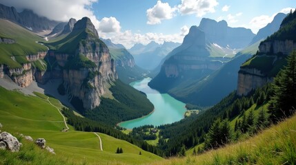 Photo of Cirque de Gavarnie in France during midday with mild sunny summer weather, captured from above, highlighting the majestic mountain landscape and peaceful surroundings.