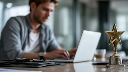Employee of the month, rewarding personnel who reach sales targets, Achieving company goals, Star employee , Businessmen using laptop, Business video