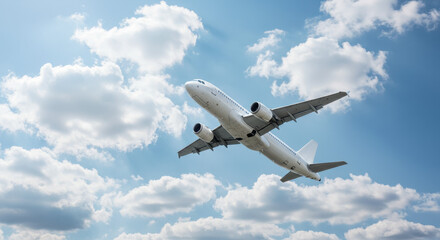 Fototapeta premium Airplane soaring through a sunny sky: Aviation, travel, freedom, and the wonder of flight!