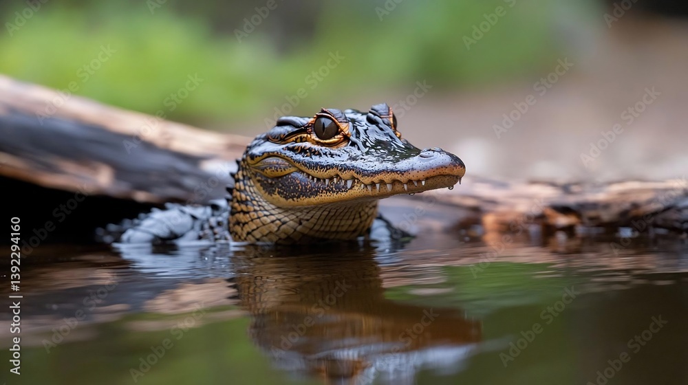 Poster close-up of a young alligator emerging from dark water, its head and upper body visible above the su