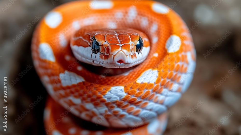 Poster close-up of an orange and white snake coiled on a dark brown surface. the snake's scales are visible