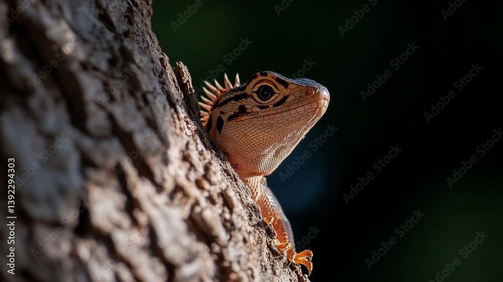 Poster Close-up of an orange and brown lizard peeking from behind a textured tree bark against a dark background. The lizard's details are sharp, while the background is blurred, creating depth of field