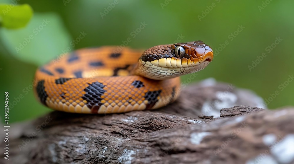 Poster close-up of a small, orange and black snake coiled on a weathered brown log against a blurred green 