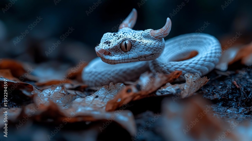 Poster close-up of a pale snake with horn-like protrusions on its head, resting on a bed of autumn leaves. 