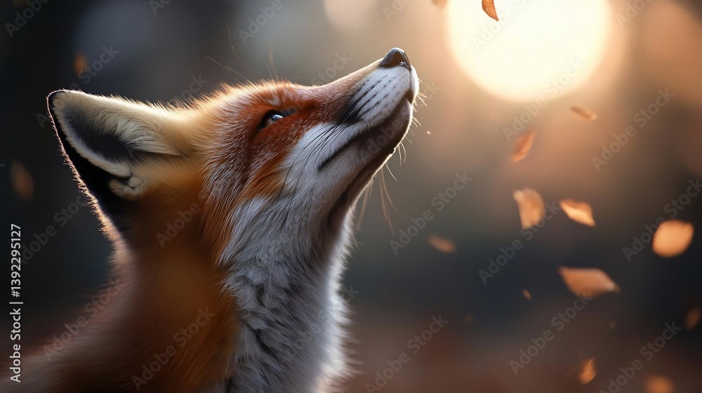 Poster Red fox looking up at falling autumn leaves in soft sunlight, close-up view. Warm-toned image with bokeh background