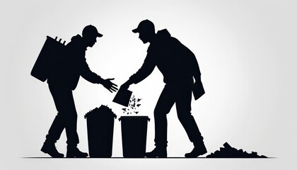 Silhouette of two people sorting waste into bins, symbolizing recycling and environmental responsibility in an urban context.