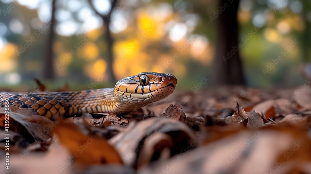 Poster close-up of a snake with orange and black patterns on its body, resting on a bed of dried brown leav