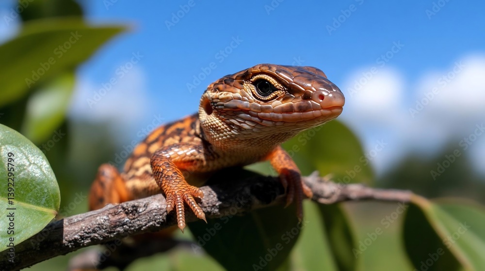 Poster Close-up of a small orange and brown lizard perched on a tree branch against a bright blue sky with clouds. The lizard's textured skin and sharp claws are visible