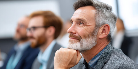 Fototapeta premium Thoughtful businessman in seminar, listening attentively with focus on speaker, showcasing engagement and contemplation in modern office setting