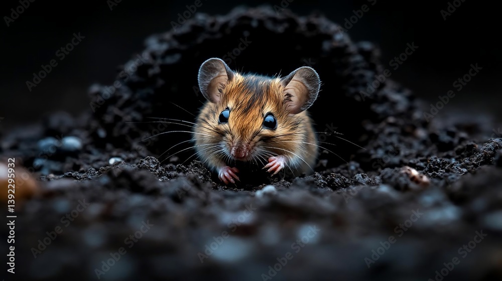 Aufkleber a small brown mouse with bright eyes peeks out from a dark soil burrow. the mouse is in sharp focus 