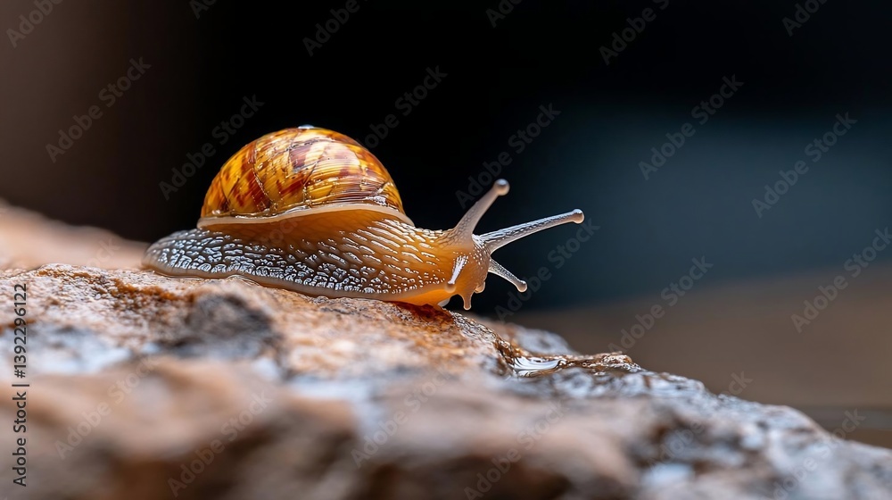 Poster close-up of a small snail with a yellow and brown shell, crawling on a textured brown surface. the b