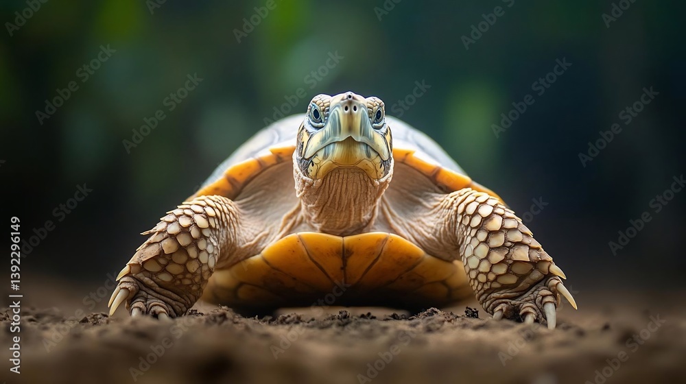 Poster Close-up view of a turtle, its shell displaying patterns of yellow and brown, against a blurred green background. The turtle's gaze is direct, creating an intimate and engaging image