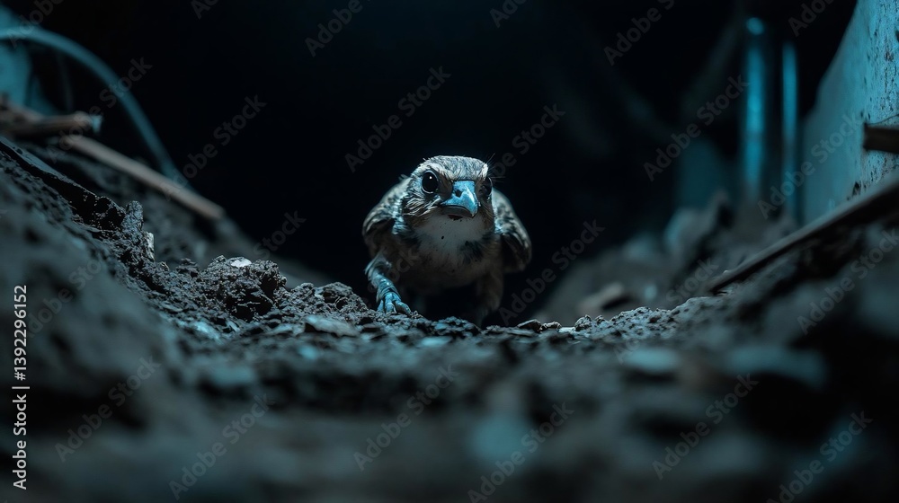 Poster Close-up view of a small brown frog in dark teal-lit soil, nighttime setting.  The frog is centered and in focus, while the background is blurry and dark