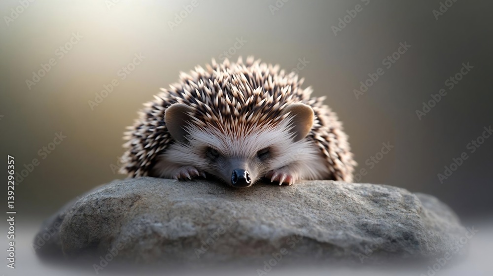 Poster close-up of an adorable hedgehog perched on a gray rock, soft light illuminating its quills. the bac