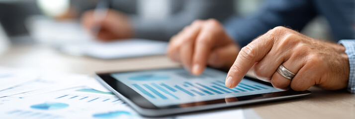 Business Professional Analyzing Data Trends on Digital Tablet at Office Setting with Graphs and Charts in Background