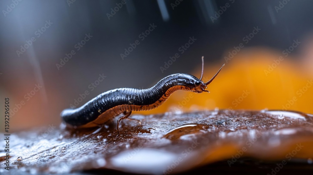 Aufkleber close-up of a small, dark-colored segmented creature with raised head, standing on a wet, dark brown