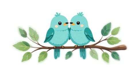 Fototapeta premium Cute Cartoon Birds in Teal and Turquoise on Tree Branch. Minimalist Flat Vector Illustration