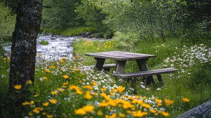 Naklejka premium Secluded riverside picnic setup with vibrant wildflowers in bloom