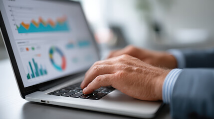Business professional analyzing data charts and graphs on laptop in bright modern office environment