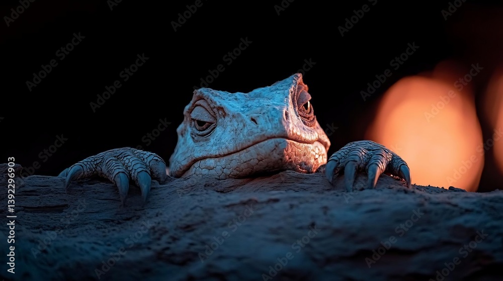 Poster close-up of a gray reptile with textured skin peering over a rocky surface, illuminated by warm oran