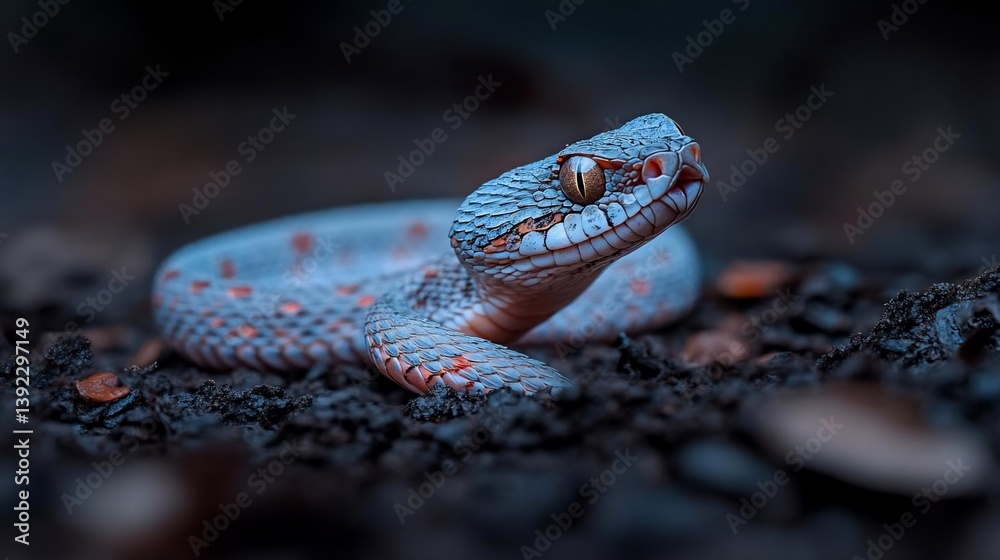 Aufkleber close-up of a blue snake with orange spots on dark soil. the snake is in focus, with a shallow depth