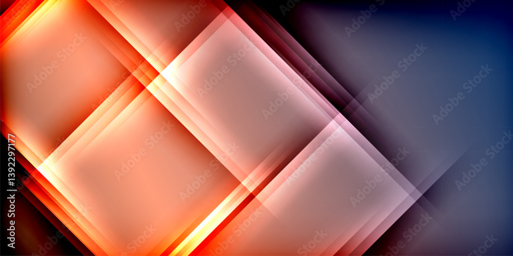 Poster Abstract geometric design. Overlapping orange, red layers create dynamic visual effect. Dark blue background provides contrast. Modern, vibrant composition.