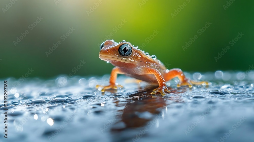 Poster close-up of a small, orange frog on a dark, wet surface with water droplets. bright green background
