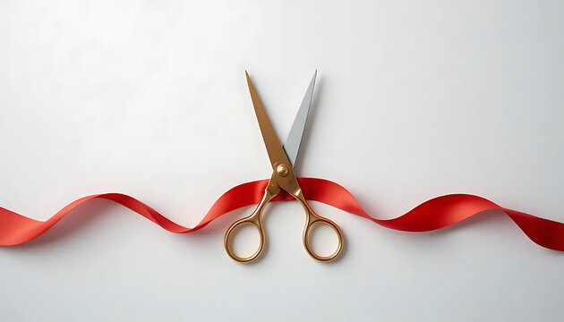 Cutting Red Ribbon with Gold Scissors for Grand Opening Ceremony