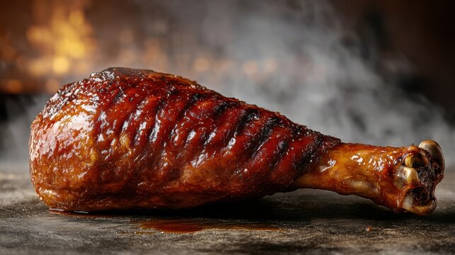 Juicy, glazed smoked turkey leg resting on a rustic surface with smoky background