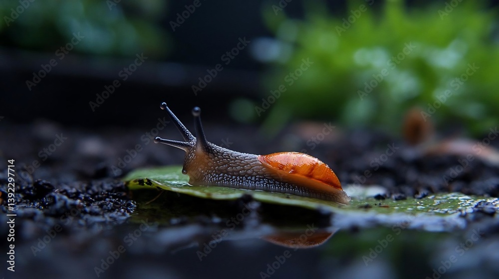 Poster Close-up of a small snail with an orange shell on a green leaf, reflecting in dark water. Dark soil and blurred green vegetation form the background. The scene is moody and serene
