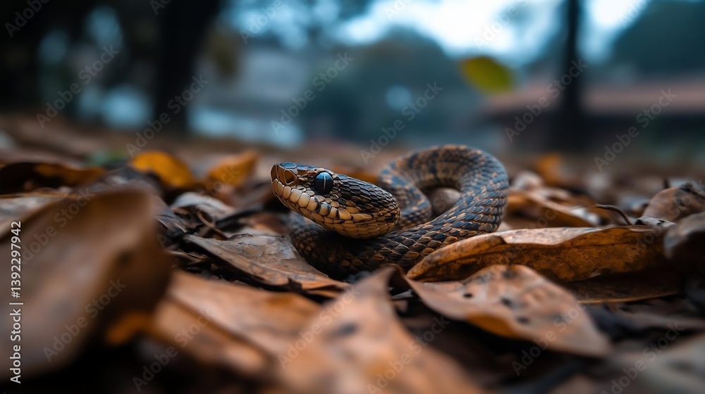 Fototapete close-up of a dark-colored snake with black and orange patterns, coiled on a bed of brown fallen lea
