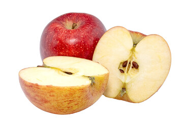 Close-up of Envy apple cut in half, isolated on white background