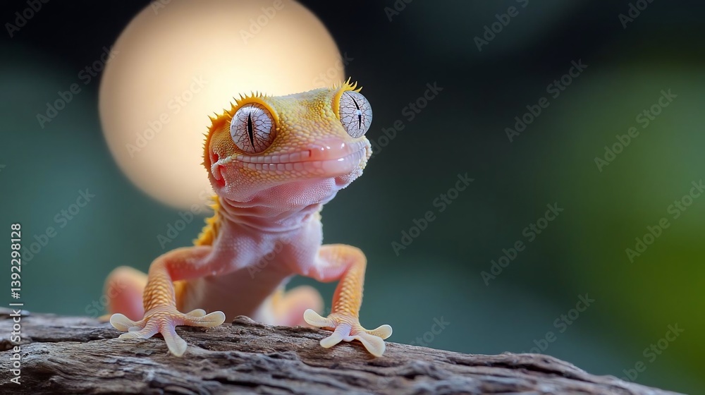 Poster close-up of a vibrant yellow gecko perched on a dark brown branch, set against a blurred background 