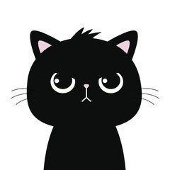 Cute angry sad cat face. Black silhouette icon. Funny kitten. Kawaii pet animal. Cartoon funny baby character. Happy Halloween. Childish style. Flat design. White background. Vector illustration