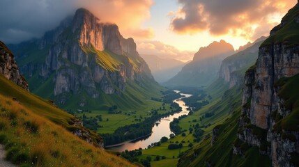Sunlit Cirque de Gavarnie, France, at dawn in mild, sunny summer conditions from a panoramic angle.