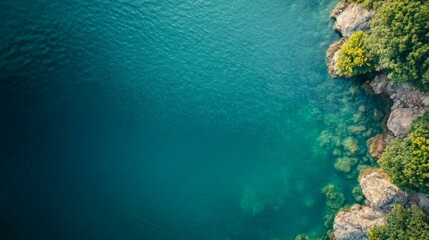Aerial View of Rocky Coastline with Green Trees Meeting Turquoise Water