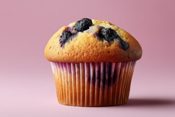 Blueberry muffin close-up on soft pink background, golden brown cupcake with whole berries, rustic dessert pastry with texture and warm lighting