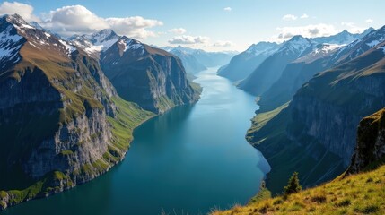 Fototapeta premium Detailed photo of Sognefjord in Norway at midday, with sunny skies, shot from an aerial perspective, emphasizing the breathtaking fjord and surrounding mountains.
