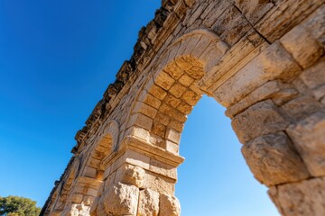 This stunning shot of an ancient aqueduct's arches illustrates the grandeur of historical engineering, standing tall against the backdrop of a vibrant blue sky.