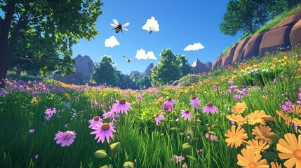 Vibrant wildflowers bloom in a sunny meadow with bees flying.