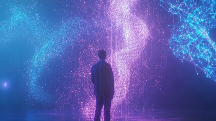 Person observing swirling neon light particles.
